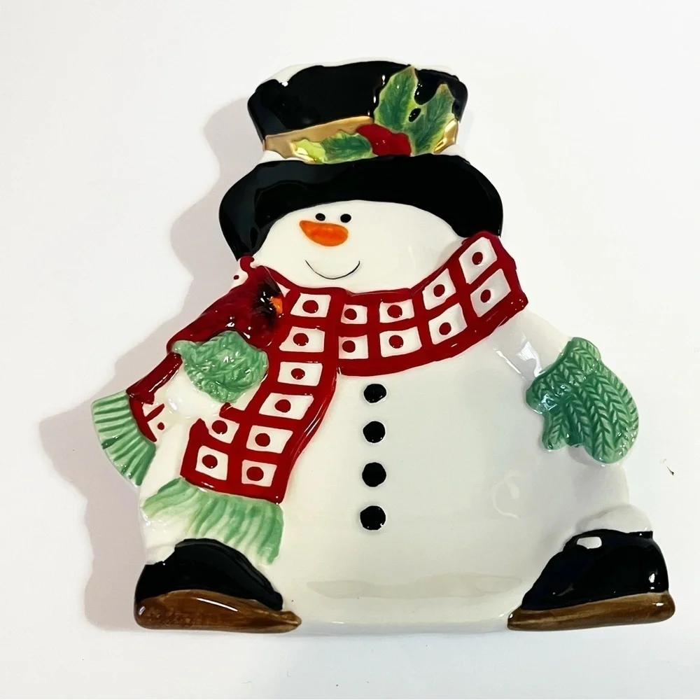 Fitz & Floyd Holly Berry Snowman Snack Plate with Box 7